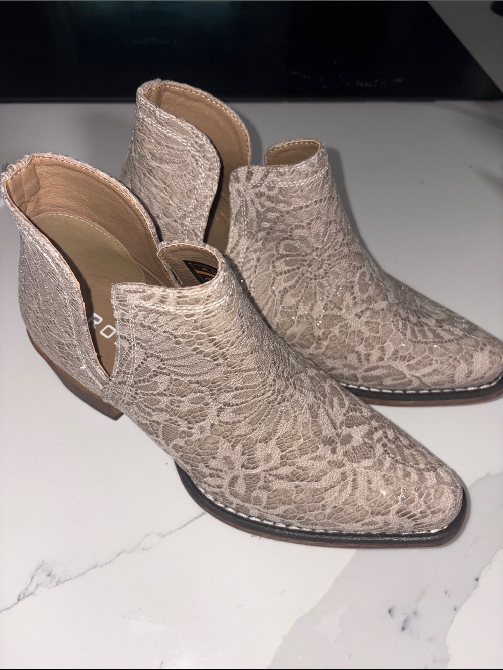 Roper Women's Lace sparkle  Cutout Ankle Booties in Light Beige 7.5 NWOT